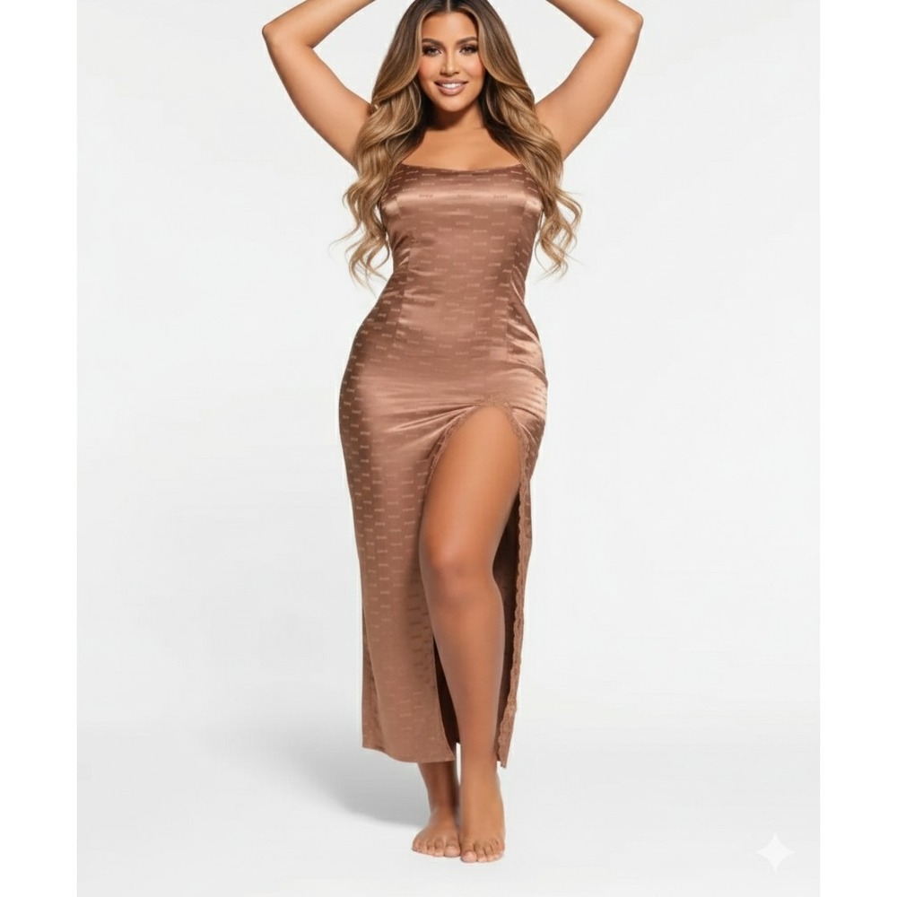 New SKIMS Women's XXS 2XS Jasper Brown Jacquard Long Slip Dress Logo Adjustable
